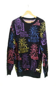 【中古】ワコマリア WACKO MARIA guilty parties ロゴ 刺繍 セーター ニット セーター 総柄 ネイビー Lサイズ 103MT-36
