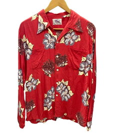 【中古】サンサーフ SUN SURF DUKE KAHANAMOKU SPECIAL EDITION TROPICAL VIEW LONG SLEEVE アロハシャツ 赤 DK28818 長袖シャツ 総柄 レッド Lサイズ 101MT-2039