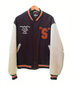 【中古】ステューシー STUSSY BURLY GEAR OLD STUSSY 90s 90年代 周年記念 USA Versity Jacket バーシティ ジャケット スタジャン アームレザー ジャケット ロゴ ブラウン LLサイズ 103MT-146