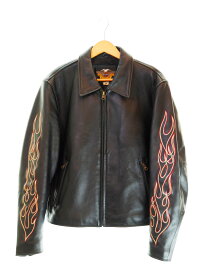 【中古】ハーレーダビッドソン Harley-Davidson バック ロゴ 刺繍 ファイヤー ライダース レザー ジャケット 黒 40382　 ジャケット ブラック Mサイズ 103MT-1617