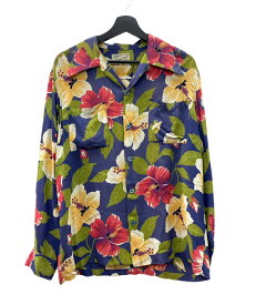 【中古】 ヴィンテージ vintage 50s 50年代 CAMERON of CALIFORNIA ALOHA SHIRT アロハシャツ 長袖 オープンカラー 開襟 フェード ナス紺 長袖シャツ 総柄 マルチカラー Lサイズ 104MT-1827