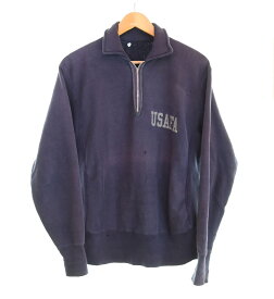 【中古】チャンピオン Champion 70年代 70s USAFA 米空軍士官学校 REVERSE WEAVE リバースウィーブ タタキ タグ Military ミリタリー ハーフジップ フェード ナス紺 スウェット ネイビー 103MT-3390