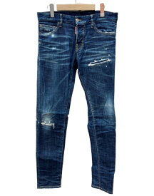 【中古】 ディースクエアード DSQUARED2 22AW SLIM JEANS スリム ジーンズ デニム パンツ ダメージ加工 ボタンフライ 紺 ワンポイント S74LB1152 S30342 デニム ネイビー サイズ46 104MB-393