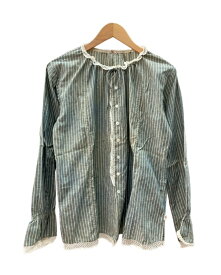 【中古】 45アールピーエム 45rpm ストライプ ブラウス STRIPE BLOUSE SHIRT レース リボン フロントボタン オーバーサイズ ナチュラル グリーン系 ベージュ系 長袖シャツ ストライプ マルチカラー 104LT-505