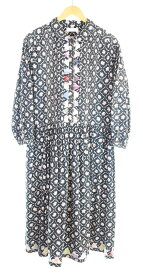【中古】ピンクハウス PINK HOUSE Long Onepiece ロングワンピース シャツ ピンタック 長袖 ハーフボタン 花柄 総柄 フレア ワンピース ブラック フリーサイズ 103LT-226