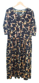 【中古】インゲボルグ INGEBORG PINK HOUSE Long Cutsew Onepiece ロングワンピース バックリボン 長袖 薔薇 花柄 フレア ワンピース ブラック フリーサイズ 103LT-227