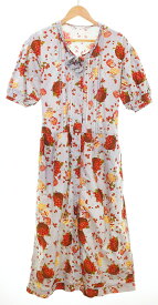 【中古】ピンクハウス PINK HOUSE Long Shirt Onepiece 半袖 ロング丈 シャツワンピース パフスリーブ バックリボン 苺 総柄 フレア ワンピース ブルー フリーサイズ 103LT-228