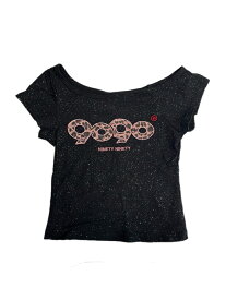 【中古】ナインティナインティ ガール 9090 girl OG Logo Off Shoulder Glitter Tee ピンクレオパードロゴ オフショルT ラメ グリッター 黒 NL0025 Tシャツ ブラック Mサイズ 101LT-402