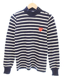 【中古】プレイコムデギャルソン PLAY COMME des GARCONS 08AW Wool Knit Sweater Stripe ウールニット セーター サイドボタンネック ボーダー ハートロゴ セーター ネイビー Sサイズ S 103LT-233