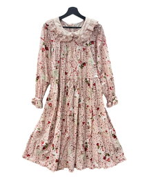 【中古】 ピンクハウス PINK HOUSE 2023年早春 カタログ掲載 オーナメントローズ柄 襟フリル ピンタック ピコフリル リボン ローズ ハート ロリータ ガーリー レトロ PINK A2131FA 003 ワンピース 総柄 ピンク 104LT-509