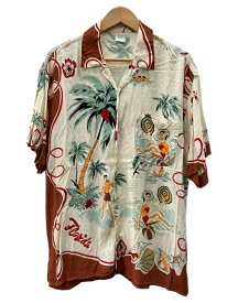 【中古】 ベネトン BENETTON Aloha Shirt アロハ シャツ ボタンアップ オープンカラー フロリダ柄 半袖 開襟 薄茶 半袖シャツ 総柄 ベージュ Sサイズ 104MT-3309