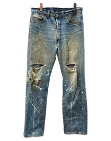 【中古】 リーバイス Levi's 90s Denim Pants デニム パンツ ボタンフライ ボタン裏520 ワーク ジーンズ ペイント インディゴ 青 ロゴ デニム ブルー サイズW34L34 104MB-600