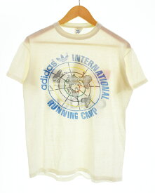 【中古】アディダス adidas OLD 70s 80s USA製 Running Camp Tee ビッグトレフォイル ロゴ 両面 プリント 半袖 シングルステッチ S Tシャツ ホワイト Sサイズ 103MT-5423