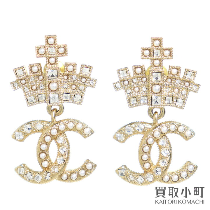 【美品】シャネル【CHANEL】ココマーク クラウン ピアス ストラス レジンパール ラインストーン イヤリング CCマーク ファッション コスチュームジュエリー アクセサリー AB6559 A21A CC LOGO CROWN EARRINGS【SAランク】【中古】 | 買取小町