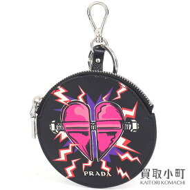 【美品】プラダ【PRADA】フランケン ハート サフィアーノレザー キーリング付き コインケース ブラックレザー バッグチャーム 2TL389 FRANKEN HEARTT COIN CASE【SAランク】【中古】