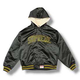 Supreme・シュプリーム × Mitchell & Ness ミッチェルアンドネス Lined Hooded Satin Varsity Jacket 状態A ボアサテンフーデッドスタジャン サイズL ブラック メンズ （8822M）【中古】