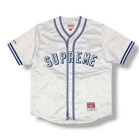 Supreme・シュプリーム × Mitchell & Ness Satin Baseball Jersey 状態A ベースボールシャツ サイズL ホワイト メンズ （25684M）【中古】