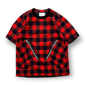 サカイ・sacai BUFFALO CHECK PULLOVER 状態B バッファローチェック プルオーバー シャツ 半袖 カットソー ジップ チェック柄 レッド 18-01746 M サイズ3 GF3002