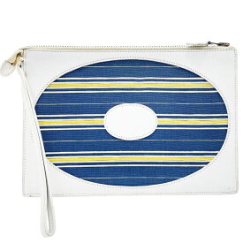 エルメス ポーチ クラッチバッグ レザー 革 ファブリック オフホワイト系 白 ブルー系 青 HERMES ○E刻印 ボーダー セカンドバッグ ミニバッグ ハンドバッグ リストレット ストラップ付き マルチポーチ 小物入れ【中古】
