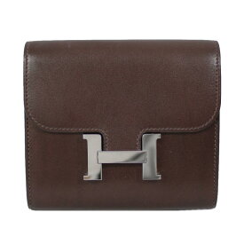 中古 エルメス 財布 HERMES ボックスカーフ コンスタンス コンパクトウォレット C刻印(2018年) ブラウン シルバー金具 T-YJH05843