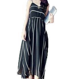 【50％OFF　セール】【送料無料 小型宅配便】ロングワンピース　マキシ丈　レディースワンピース　ワンピース　ストライブ　シフォン　ノースリーブ　シンプル　後身ゴム　ウエストゴム　肩紐　アジャスター付
