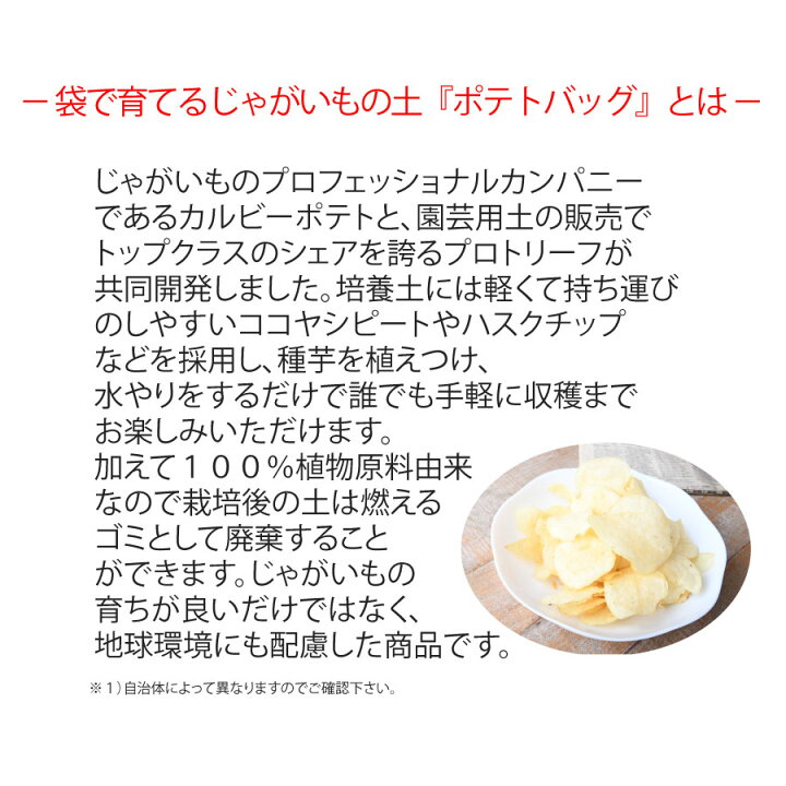 楽天市場 じゃがいも 栽培セット そのまま育てる じゃがいもの土 12l 種芋 土と種芋のセット ジャガイモ 苗 カルビー ポテトバッグ ポテトバック ぽろしり キタアカリ オホーツクチップ Fleur Town 吉本花城園
