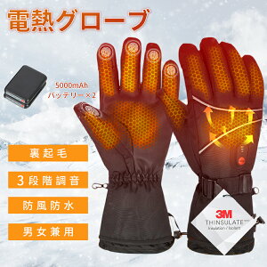 電熱グローブ 電熱手袋 バイク 防寒 3Mシンサレート スマホ操作可能 3段階調温 最高65℃ 急速加熱 5000mAhバッテリー付き 高機能保温中綿 裏起毛 撥水加工 ヒーターグローブ 防寒 男女兼用 メン