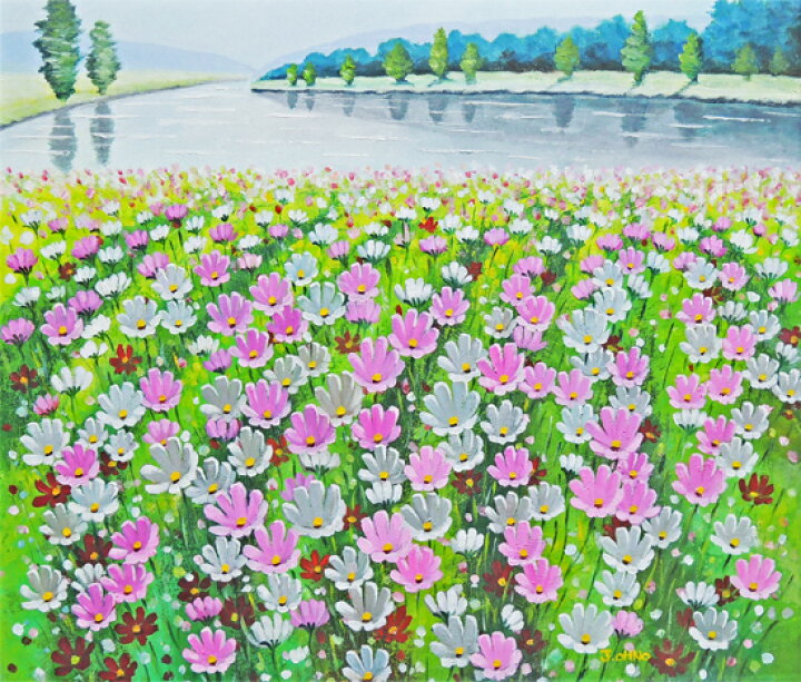 楽天市場 絵画 油絵 コスモス畑 大野純一 送料無料 肉筆 油絵 花 10号 掛け軸 絵画の専門店 掛軸堂画廊