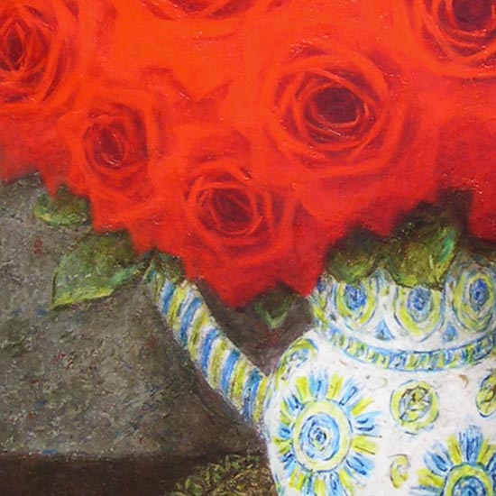 絵画　油絵　スペイン壺と赤い薔薇　F20号　（田村一）　送料無料　【肉筆】【油絵】【花】【大型絵画】 | 掛け軸・絵画の専門店　掛軸堂画廊