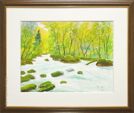 絵画　水彩画　奥入瀬　新緑　(岡島哲夫)　F6号　送料無料　【肉筆】【水彩】【日本の風景】【6号】