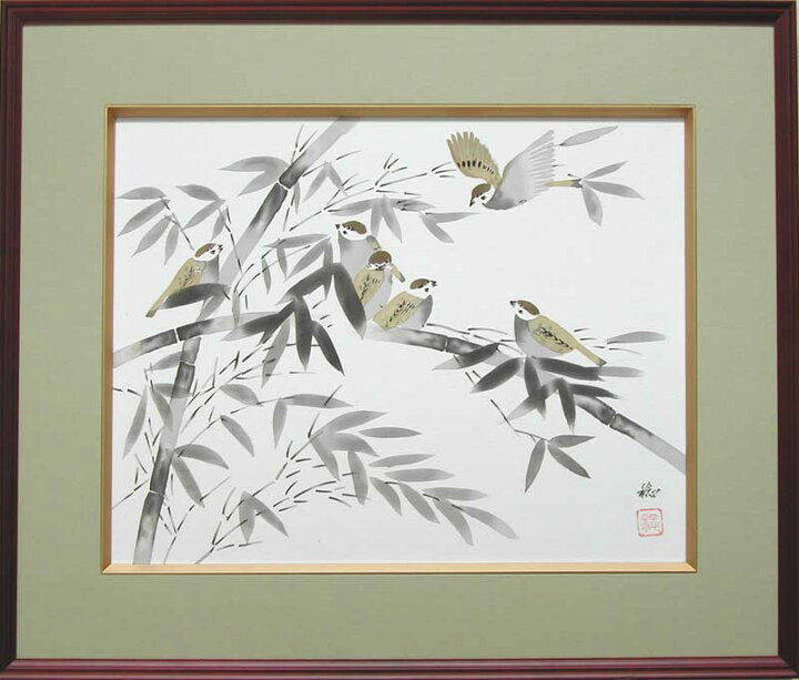 楽天市場 絵画 日本画 竹雀 岡田稔 送料無料 肉筆 日本画 静物 動物画 6号 掛け軸 絵画の専門店 掛軸堂画廊