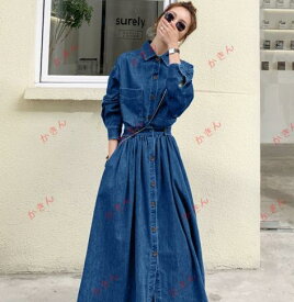 ワンピース デニムワンピース 長袖 シャツワンピース デニムシャツ ジャケット 前開き 無地 aラインワンピ スリム 可愛い ロングワンピ 20代30代40代 ワンピ