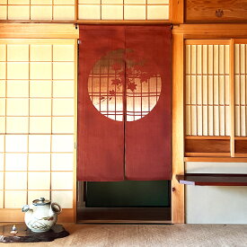 暖簾（のれん）本麻［丈150cm］紅柄染め【格子窓にもみじ】日本製 手染め