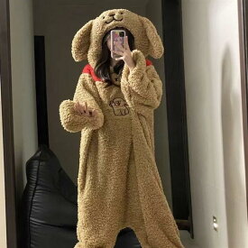 送料無料 犬のフリースパジャマ 着ぐるみパジャマ もこもこ フード付き 超ゆるふわ 厚手防寒 しっとり肌触り 室内用 ルームウェア ホームウェア 秋冬 寝巻き 部屋着 室内着 少しの外出ならOK 楽天海外通販
