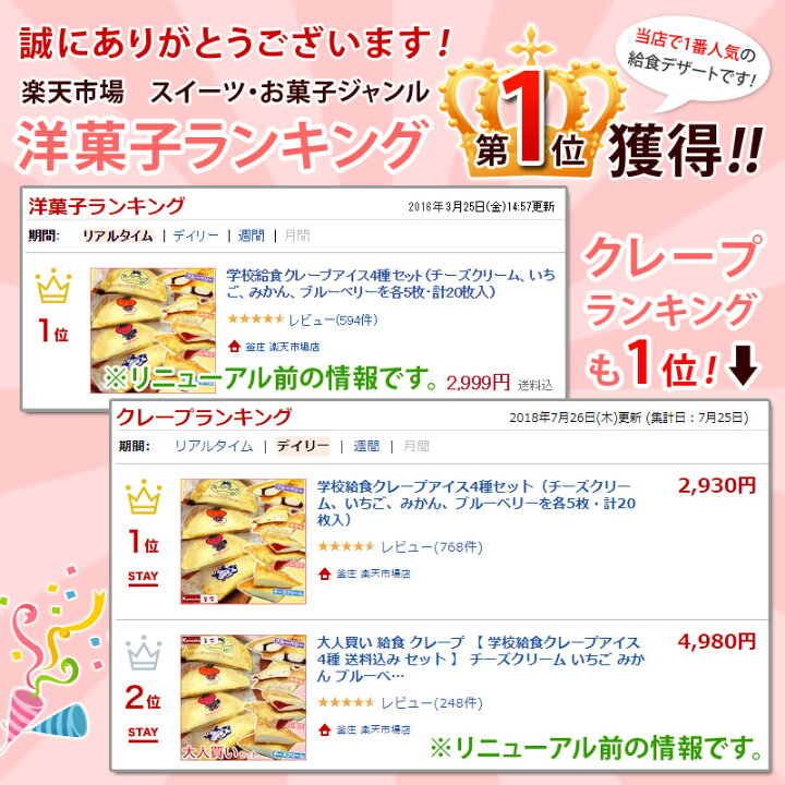 楽天市場 大人買い 給食 クレープ 学校給食クレープアイス 4種 セット ヨーグルト風 いちご みかん ブルーベリー 味を各10枚 計40枚入 給食デザート フレンズクレープ 子供 お中元 スイーツ 御中元 ギフト 夏ギフト 味 食感が変わりました お取り寄せ あす