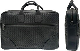 BOTTEGA VENETA メンズボッテガベネタ 2WAYビジネスバッグショルダーバッグ ブリーフケースボッテガヴェネタ イントレチャートレザーブラック ダークネイビー フロントファスナーポケットNERO4297NV1000SUITSCASE BAG 鞄かばん 新品未使用 【中古】