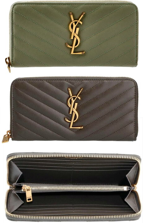 新品未使用 YSL イヴサンローラン クロコ型押し長財布 カーキ 金金具  