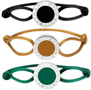 BVLGARI ブルガリブルガリコットンファブリックブレスレットロゴ刻印ラウンドプレートブラック アンバーブラウン エメラルドグリーンエナメル×スターリングシルバー フリーサイズ287643BK2876