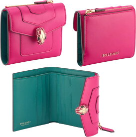 BVLGARI ブルガリ レディース小銭入れ付三つ折り財布セルペンティヘッドロゴクリップステッチカーフレザー蛇頭ホック3折り財布フューシャピンク ゴールドセルペンティフォレバー ヘッドスタッドクロージャーゴールド ナッパレザー