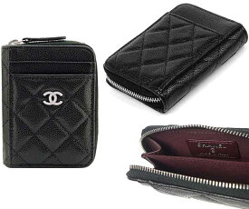 CHANEL シャネルラウンドファスナーコインケースブラック ピンク キャビアスキンレザークレジットカードケース CCロゴプレート コンパクトウォレット小銭入れ ミニ財布 マトラッセステッチCARDCASEMATELASSE