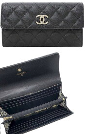 CHANEL シャネルレディース小銭入れ付き二つ折り長財布マトラッセ ソフトキャビアスキンレザーCCマーク カーフ ロングウォレットグレインドカーフスキン ココマークインナーフラッグプリント LONG WALLET 94305BK