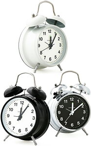 クラシックなミニマムハンドル付き目覚まし時計 オンザダブルベルベルが左右に並んでいて一度見ると忘れられないデザインブラック ホワイト シルバーツインベルアラームクロック デスク