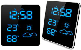 LEDウェザーステーションLEDクロック スクエアフラット暗闇でも時間を確認できるスヌーズ機付き目覚まし時計時＆温度＆湿度＆天気予報を表示ブラック×ブルーLEDアラームクロック光度調整可能付きデスククロック 置き時計