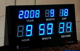 西暦＆月＆日＆時間＆分＆秒を一気に表示するインテリア性を重視したブラックフレーム×ブルーLEDクロック暗闇でも時間を簡単に確認できる掛け時計年&室温&曜日表示 BLUE LED WALL CLOCK