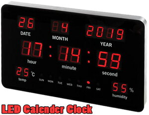 暗闇でもはっきり時間が確認できるLEDクロック温度計湿度計機能付きウォールクロック暗いお部屋でも時間の確認が直ぐできる置き掛け兼用時計 ブラックスリムフレームレッドLED CLOCK日付け