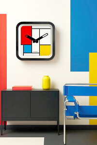 オランダデザイン 壁掛け時計 デザイナーズクロックマルチカラーモンドリアンルーペ指針 ラウンドスクエアフォルム壁掛け時計ホワイト文字盤 ブラックフレーム イエロー×ブルー×レッド