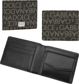 DOLCE&GABBANA D&Gドルチェ＆ガッバーナ ドルガバ小銭入れ付き二つ折り財布シルバーロゴ刻印プレート コーティングジャガード織地グレーモノグラムロゴブラックカーフスキンレザー メンズ レディース コンパクトウォレット2折財布 HNII7GNHNII7BK