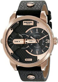 DIESEL ディーゼル 腕時計2つの時間を一気に表示 デュアルタイムローズゴールド×ブラックアナログメンズ ウォッチ 日常生活防水2タイムゾーンブラックレザーベルト ラウンドシェイプGold Case Quartz Men's Watch