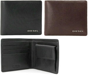 DIESEL ディーゼル メンズ小銭入れ付き二つ折り財布メタルロゴ ブラック ダークブラウンシープスキンレザー2つ折り財布T2189DBRT8013 HIRESH S WALLET山羊革 サイフ さいふ ウォレット