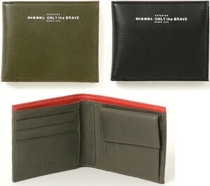 DIESEL ディーゼル メンズ小銭入れ付き二つ折り財布ホワイトロゴ ONLY the BRAVEブラック オリーブカーキシープスキンレザーSUPERIOR SINCE 1976HIRESH OVINE LEATHER二つ折り財布 ライニングビビットさいふ